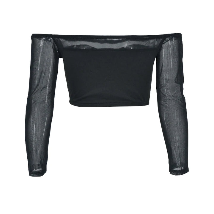 Sexy Black T-shirt Women Autumn New Streetwear Long Sleeves Slash Neck Simple Tees Casual Fashion Mesh Patchwork Basic Crop Top