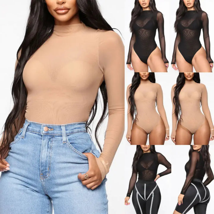 Bodysuits High Neck Bodycon Jumpsuit See Through Romper Black Beige NEW Sexy Mesh See Through Bodysuit Women Long Sleeve Sheer