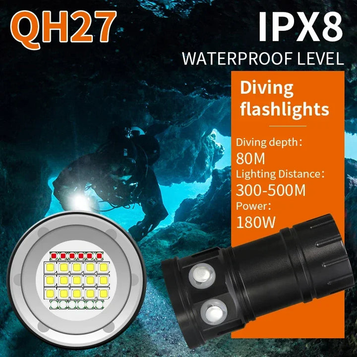 10000Lumens 27 LED Diving Flashlight Professional Underwater Photography Light Highlight Lamp 100M Waterproof Video Camera Torch