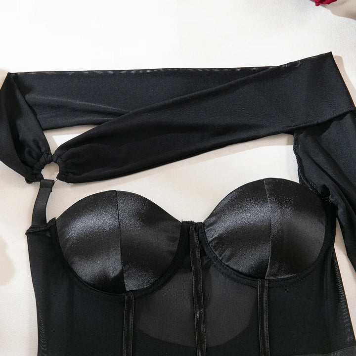 Lady Sexy Single Shoulder Sleeve Shapewear Chest Gathered Cotton Splicing Mesh Underwear Women's Black Hollow Backless Jumpsuit