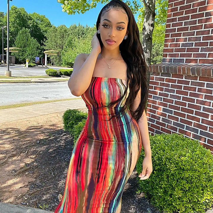 Spring And Summer Dresses For Women Chest Wrap Printed Off Shoulder Bandage Slim Sexy Long Dress 2023 New Fashion party MsChuh
