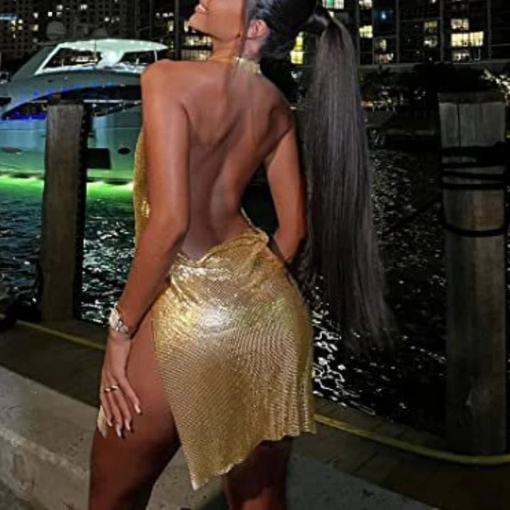 2024 Summer Clothes Bling Glitter Women Halter Mini Dress Side Slit Backless Bodycon Sexy Streetwear Party Club Festival Vestido