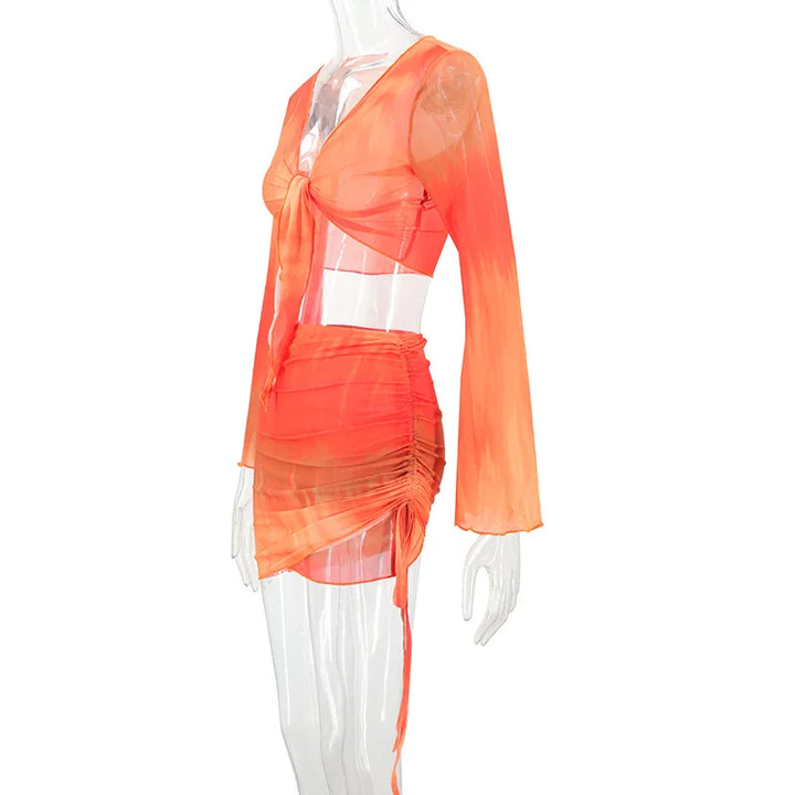Fashion V-Neck Flare Sleeve Tie Dye Tops Mini Skirt Suit Women Mesh Tees Lace Up Skirts New Summer Female 2 Piece Set Outfits