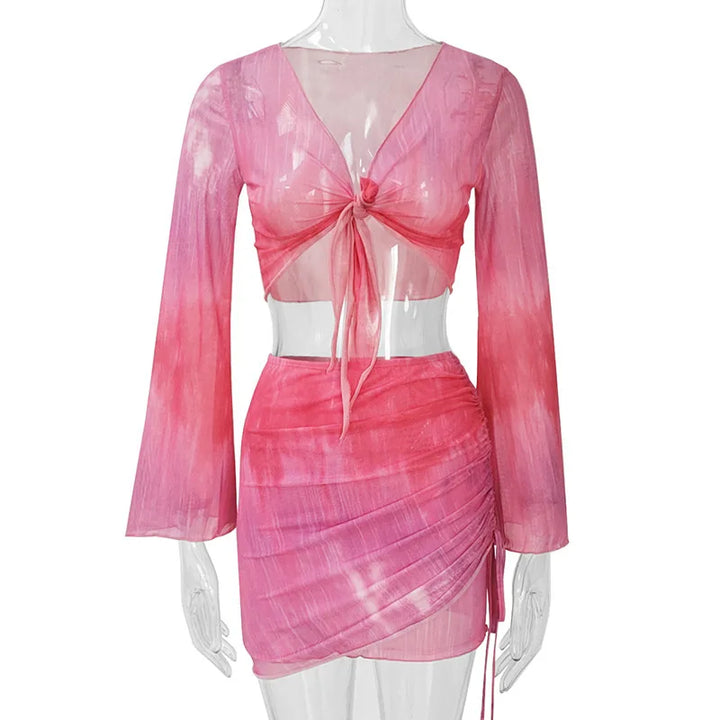 Fashion V-Neck Flare Sleeve Tie Dye Tops Mini Skirt Suit Women Mesh Tees Lace Up Skirts New Summer Female 2 Piece Set Outfits
