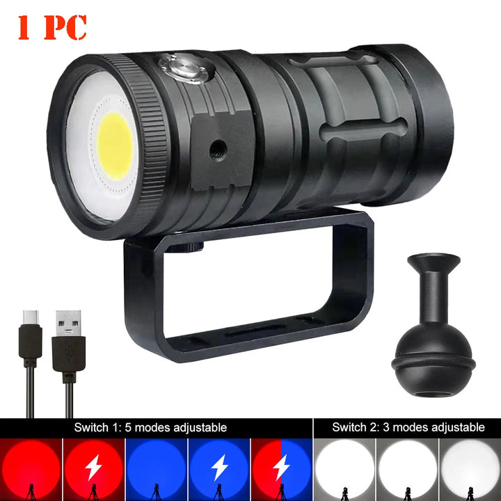 Professional LED Diving Flashlight 18000LM COB Tactical Torch IPX8 Waterproof Glare Video Camera Light White Blue Red Fill Light