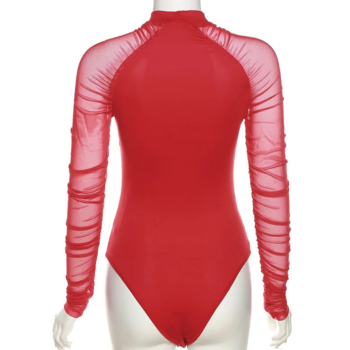 Shestyle Mesh Full Sleeve Mock Neck Body for Women Black Patchwork Stretchy Elegant Romantic Breathable Bodysuits Basic Tops
