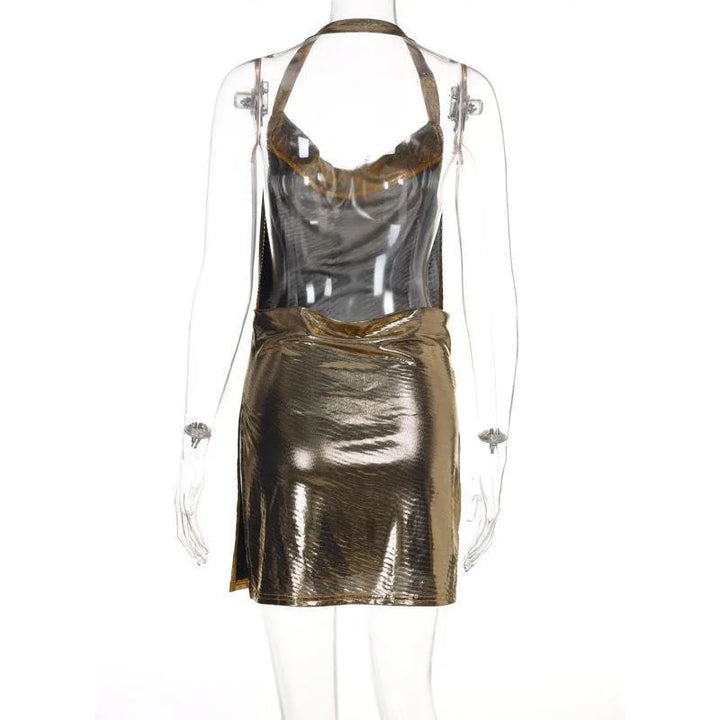 2024 Summer Clothes Bling Glitter Women Halter Mini Dress Side Slit Backless Bodycon Sexy Streetwear Party Club Festival Vestido
