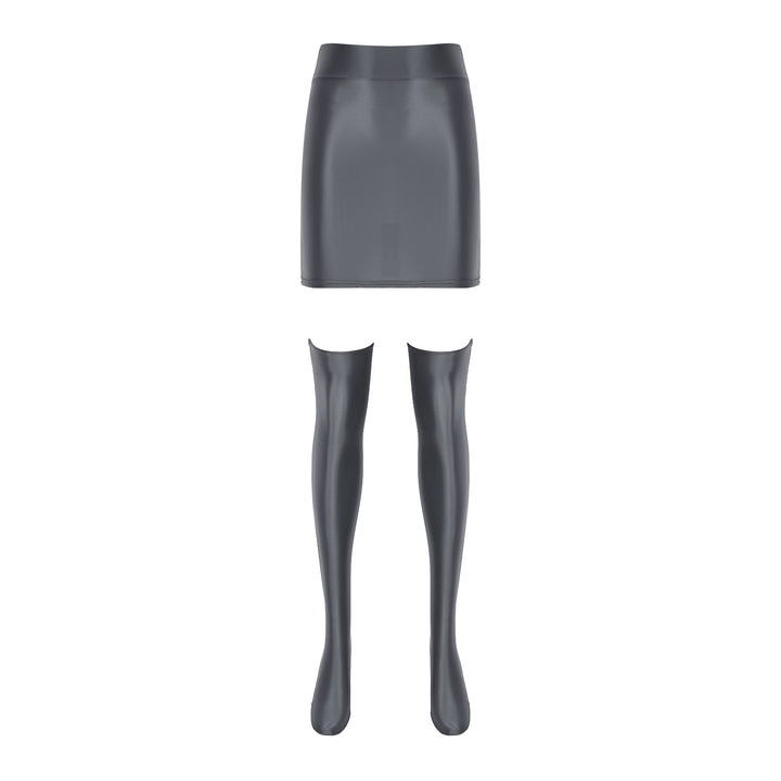 Womens Glossy Nightclub Outfit Shiny High Waist Mini Skirt with Stockings Set Rave Party Cheer Booty Workout Pole Dance Clubwear
