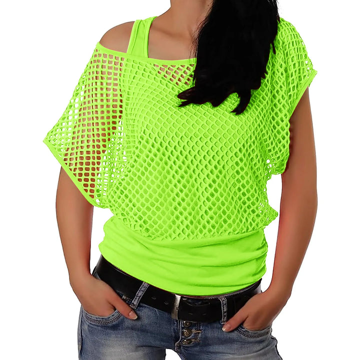 Women Shirts 80s Neon Fishnet Mesh Top Off Shoulder Tops For Women Tight Sexy Sleeveless Neckless Slim Casaul Top