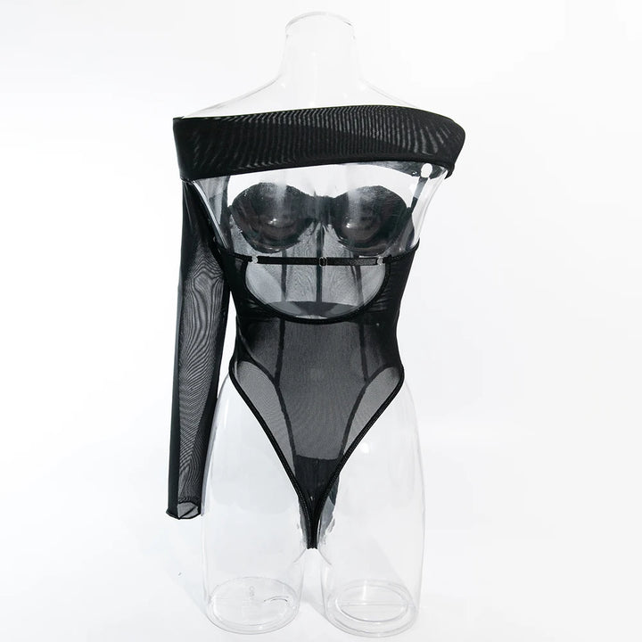 Yimunancy Classic Long Sleeve Backless Bodysuit Women One Shoulder Padded Bodysuit Black Skinny Mesh Body Femme Streetwear