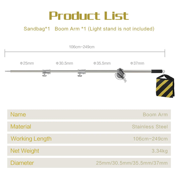 SH Stainless Steel Adjustable Cross Arm 106-249cm Photo Studio Telescopic Boom Arm Top Light For Pro Studio Flash Strobe