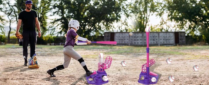 VATOS 3-in-1 T Ball Sets Kids Toy with 6pcs Baseballs Stand Hanging Tee Auto Ball Launcher Retractable Bat Sports for Boys Girls