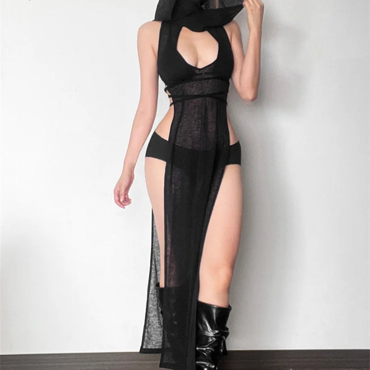 nibber 2024 Summer High Street Travel Cool Confident Black Mysterious Sexy Open Avant-garde Sexy Hot Cool Women's Hooded Dress
