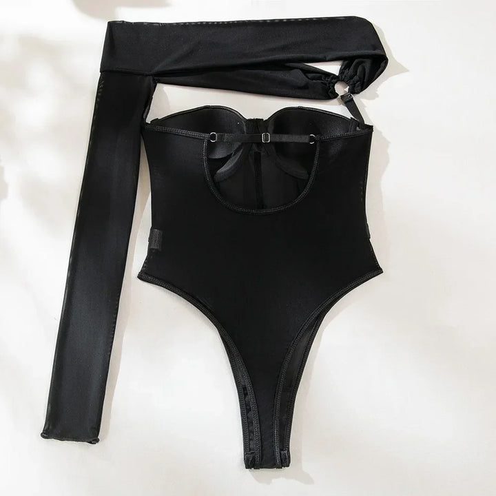 Lady Sexy Single Shoulder Sleeve Shapewear Chest Gathered Cotton Splicing Mesh Underwear Women's Black Hollow Backless Jumpsuit
