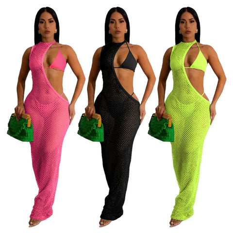 New Women's Classic Clothes Sexy 3 Piece Set Sexy Fishing Net Halter One Shoulder Dress and Bikini Set Beach Dress