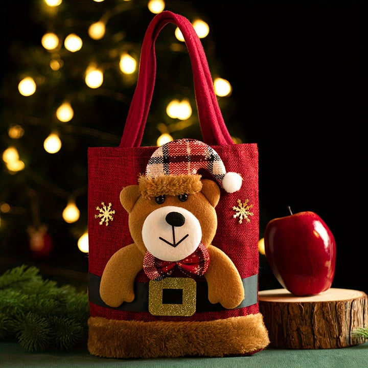 Christmas Cheer Canvas Tote Bag - Reusable Gift & Candy Storage with Festive Designs: Elk, Santa Claus, Snowman, Bear, Christmas Gift Bags
