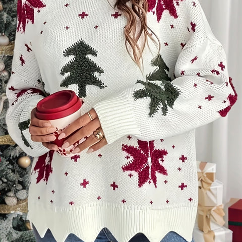 Christmas Tree Pattern Crew Neck Sweater, Casual Long Sleeve Sweater for Fall & Winter, Women's Clothing