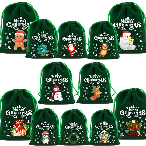 VelvetTouch 6/8pcs Festive Christmas Gift Bags Set - Soft Touch Red Drawstring Bags for Holiday Treats, Jewelry, and Party Favors with Merry Christmas Penguin Design