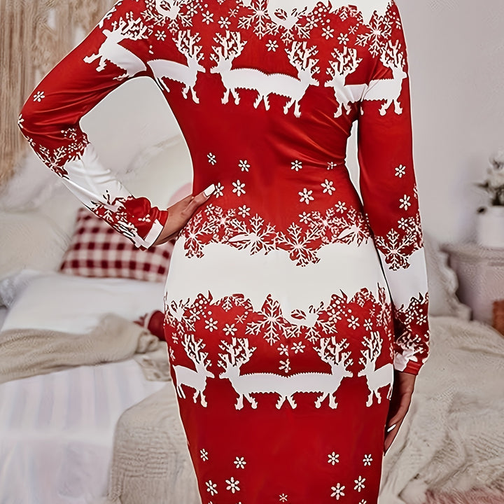[Popular Choice] Elegant Christmas 3D Print Dress for Women - Long Sleeve, Casual & Sexy, Polyester, Machine Washable, Digital Printing, 024
