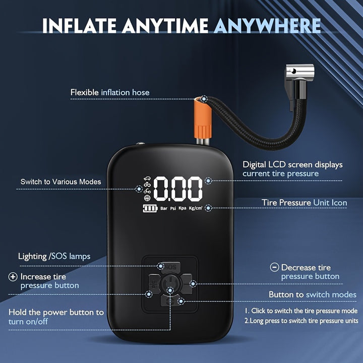 1pc Portable Wireless Car Air Compressor, Portable Air Pump With LED Light, Suitable For Tire Inflation And Car/Bike/Motorcycle/Ball