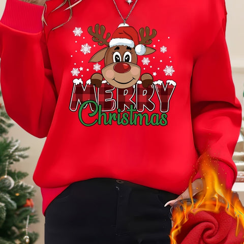 Cozy Fleece-Lined Christmas Reindeer & Letter Print Sweatshirt for Women - Elegant Long Sleeve Crew Neck Pullover